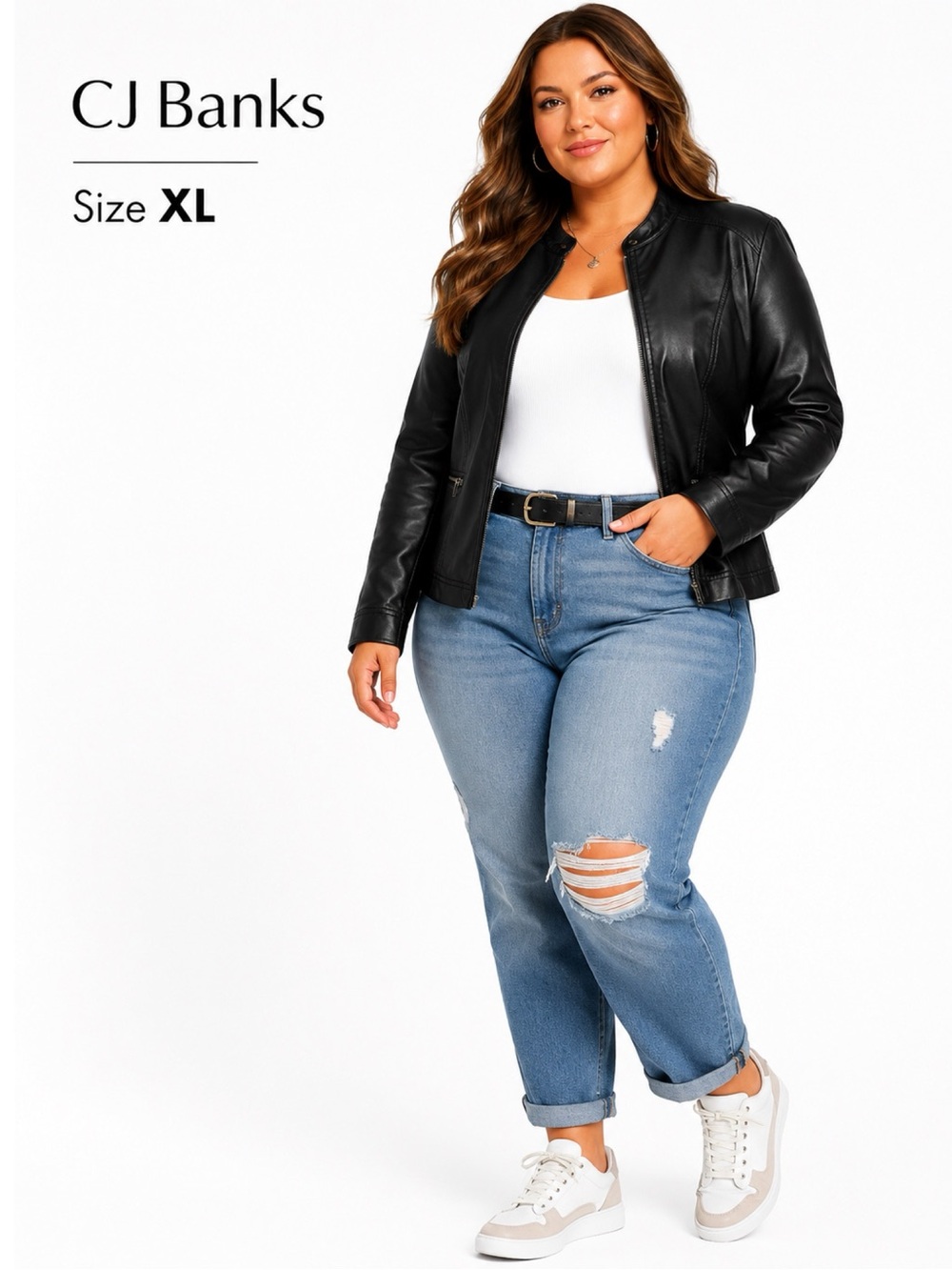 CJ BANKS Black Faux Leather Jacket Size XL